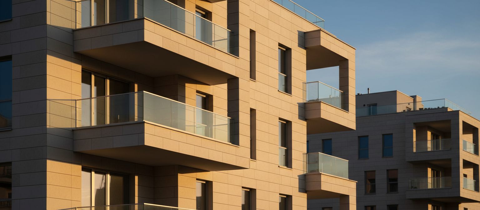 Wohnhaus mit Holzfassade und Balkonen im Abendlicht